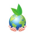 Hands holding earth with green leaves isolated on white background Royalty Free Stock Photo
