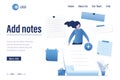 Add notes - landing page template. Successful employee holds paper stickers, empty memo. Female character with various memory