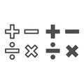Add, subtract, divide, multiply symbols line and solid, Education concept, Math calculate sign on white background