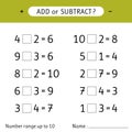 Add or subtract. Number range up to 10. Addition and subtraction. Worksheet for kids. Mathematical exercises