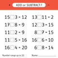 Add or subtract. Number range up to 20. Addition and subtraction. Worksheet for kids. Mathematical exercises