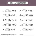 Add or subtract. Number range up to 100. Addition and subtraction. Worksheet for kids. Mathematical exercises