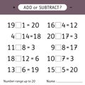 Add or subtract. Number range up to 20. Addition and subtraction. Worksheets for kids. Mathematical exercises