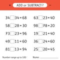 Add or subtract. Number range up to 100. Mathematical exercises. Addition and subtraction. Worksheet for kids