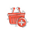 Add to cart icon in comic style. Shopping vector cartoon illustration on white isolated background. Basket with plus sign splash Royalty Free Stock Photo