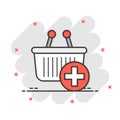 Add to cart icon in comic style. Shopping vector cartoon illustration on white isolated background. Basket with plus sign splash Royalty Free Stock Photo