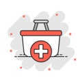 Add to cart icon in comic style. Shopping vector cartoon illustration on white isolated background. Basket with plus sign splash Royalty Free Stock Photo