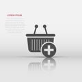 Add to cart icon in flat style. Shopping vector illustration on white isolated background. Basket with plus sign business concept Royalty Free Stock Photo