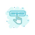 Add to cart shop icon in comic style. Finger cursor vector cartoon illustration on white isolated background. Click button