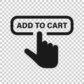 Add to cart shop icon in transparent style. Finger cursor vector illustration on isolated background. Click button business