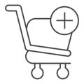 Add to shopping cart thin line icon. Market trolley with plus button sign. Commerce vector design concept, outline style Royalty Free Stock Photo