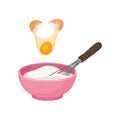 Add the yolk to the bowl full of dough and with a whisk. Vector illustration.