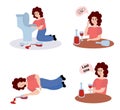 Alcohol abuse and addiction concept. Set of drunk woman with bottles of alcoholic drinks. Addicted drinker with unhealthy habit Royalty Free Stock Photo