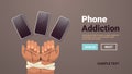 addicted human hands tied with rope using smartphones social media networks digital addiction concept