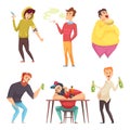 Addicted lifestyle. Alcoholism drugs and addiction from unhealthy habits vector cartoon characters in action poses