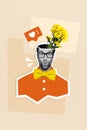 Addicted on social network life blogger guy wear yellow bow tie orange shirt bouquet inside empty head beautiful but