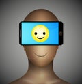 Addicted to smartphone concept, problem of the normal communication only device using, smiley icon on the smartphone,