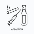 Addiction flat line icon. Vector outline illustration of cigarette, syringe and bottle. Black thin linear pictogram for