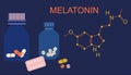 Melatonin tablets with hormone chemical formula. Insomnia concept. Night time and sleep disorder.