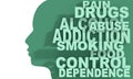 Silhouette of a male head and addiction theme tags cloud