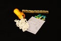 Addiction spelled out with tiles above spilled white pills over a prescription pad black background Royalty Free Stock Photo