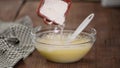 Adding flour to the dough. Process of preparation cake batter.