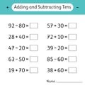 Adding and Subtracting Tens. Math worksheets for kids. Mathematics. School education. Development of logical thinking Royalty Free Stock Photo