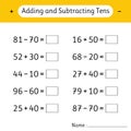 Adding and Subtracting Tens. Mathematics. Math worksheets for kids. Development of logical thinking. School education Royalty Free Stock Photo