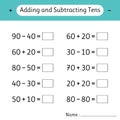 Adding and Subtracting Tens. School education. Mathematics. Development of logical thinking. Math worksheets for kids