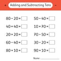 Adding and Subtracting Tens. School education. Mathematics. Math worksheets for kids. Development of logical thinking Royalty Free Stock Photo