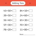 Adding Tens. Math worksheets for kids. Mathematics. Development of logical thinking. School education