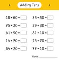 Adding Tens. Math worksheets for kids. Mathematics. School education. Development of logical thinking