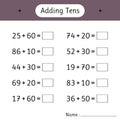 Adding Tens. Math worksheets for kids. School education. Development of logical thinking. Mathematics