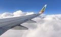 Addis Ababa, Ethiopia - May 07, 2019:  View from passenger window of Ethiopian airlines Boeing 737 commercial airplane, clouds on. Royalty Free Stock Photo