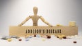 Addison\'s disease leukaemia written on wooden surface. Wooden man and medicine concept Royalty Free Stock Photo