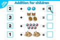 Addition for children math game with cartoon cat