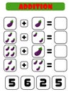 Addition of eggplants. A task for children. Educational development sheet. Color activity page. A game for children Royalty Free Stock Photo