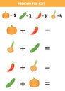 Addition for kids with cartoon vegetables. Math game for kids