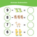 Animals Subtraction. Counting game for preschool children. Additional math games for kids.