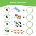 Animals Subtraction. Counting game for preschool children. Additional math games for kids.