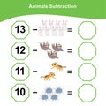 Animals Subtraction. Counting game for preschool children. Additional math games for kids.