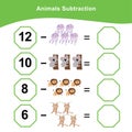 Animals Subtraction. Counting game for preschool children. Additional math games for kids.