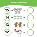 Animals Subtraction. Counting game for preschool children. Additional math games for kids.