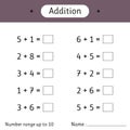 Addition. Number range up to 10. Math worksheet for kids. Developing numeracy skills. Solve examples and write. Mathematics