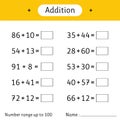 Addition. Number range up to 100. Math worksheet for kids. Mathematics. Solve examples. Developing numeracy skills
