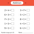 Addition. Number range up to 10. Mathematics. Math worksheet for kids. Solve examples and write. Developing numeracy skills