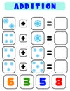 Addition of snowflakes . A task for children. Educational development sheet. Color activity page. A game for children Royalty Free Stock Photo