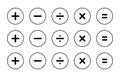 Addition, subtraction, division, multiplication, and equality icon set on circle line. Calculator symbol vector