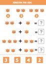 Addition worksheet with cartoon cat face. Math game.