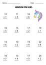 Addition worksheet with cute kawaii unicorn. Math game.